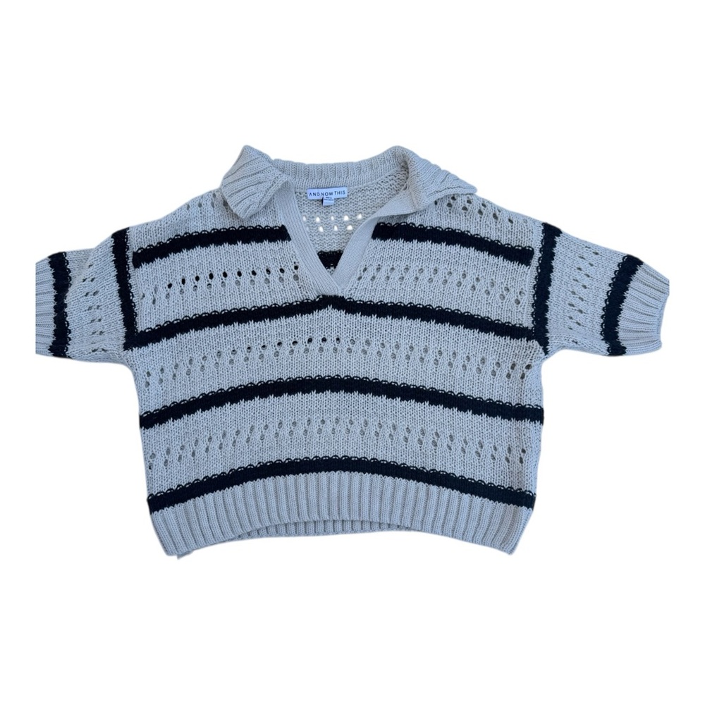 Open-Knit V-Neck Striped Sweater - Picture 2 of 6